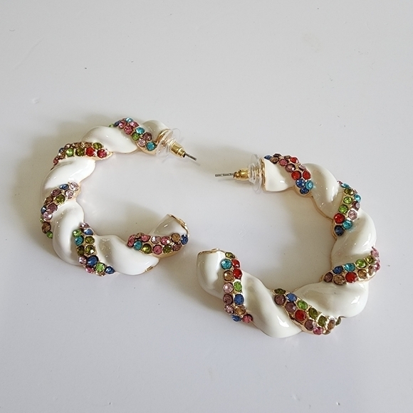 NEW Multicolor Rhinestone Embellished Braided White Hoop Earrings - Picture 1 of 9
